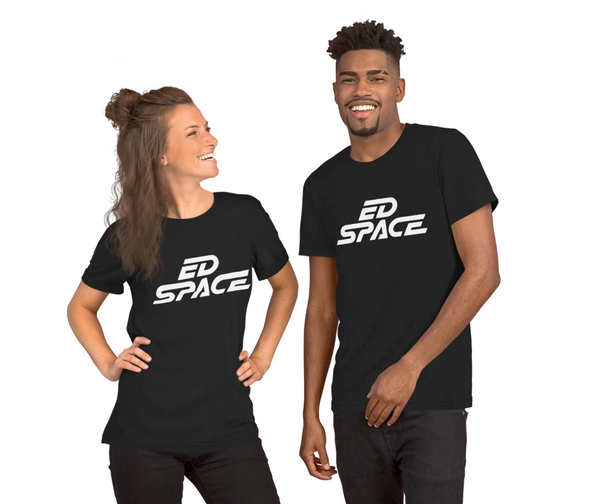 Unisex Black T-Shirt with White ED SPACE Logo Couple Lifestyle Product Image