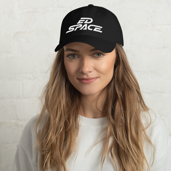Unisex Black Dad Hat with White Embroidery Female Model Lifestyle image